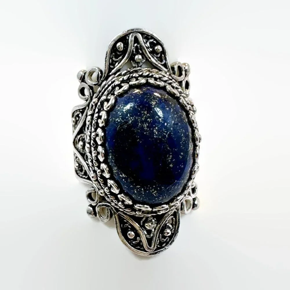 Vintage Lapis Ring, Sterling Silver:  Blue Lapis Lazuli, Turkey, Filagree